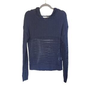 ii Sisters Hooded Boho Mesh Navy Blue Open Knit Cruise Casual Sweater, Sz Medium
